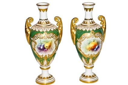 BHA603 Pair of Edwardian Royal Worcester Diminutive Hand Painted Vases