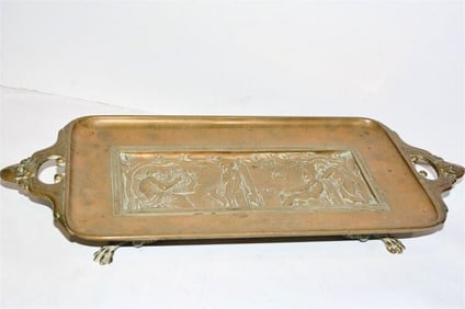 BHA609 Vintage Ornate Bronze Relief Serving Tray Signed Levillain