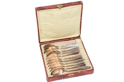 BHA616 Set of 12 Antique German Continental Silver Spoons in Original Box