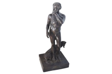 BHA645 Vintage Cast Bronze Statue Nude Male with Twin Headed Dog