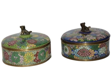 BHA501 Pair of Round Lidded  Cloisonne Boxes with Lion Finials