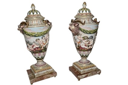 BHA520 Pair Antique Capodimonte Porcelain Vases