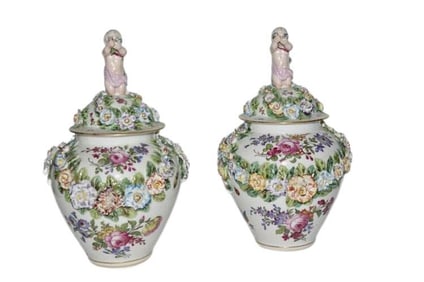BHA537 A Pair of 19th Century German Porcelain Vases with Figural Lids