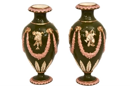 GXG202 A Pair of Wedgwood Polychrome and Gilt Victoria Ware Tricolor Vases