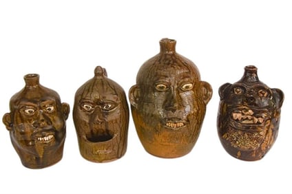 GXG194 Four Stoneware Face Jugs Cleater Meaders & Marie Rogers