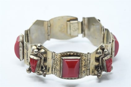 GXG249 Vintage Sterling Silver and Carved Red Onyx Bracelet JPR Taxco