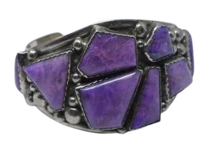 GXG250 Navajo- Eric & Carol Fierro Stamped Sterling and Sugilite Cuff Bracelet