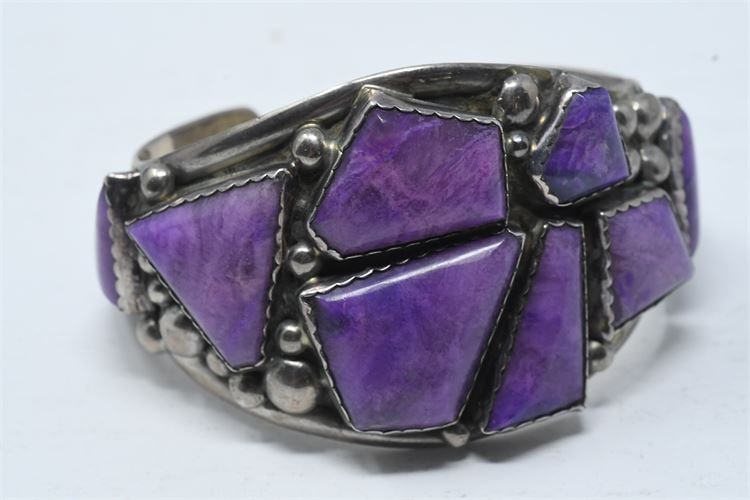 GXG250 Navajo- Eric & Carol Fierro Stamped Sterling and Sugilite Cuff Bracelet (1 of 8)