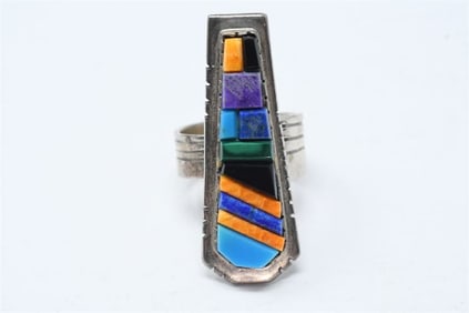 GBX251 Navajo Ring; Inlay Ring with Turquoise, Lapis, Jet and Amethyst