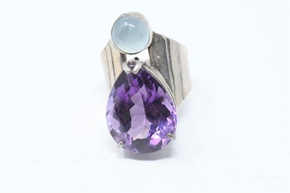 GBX254 Large Teardrop Shaped Amethyst and Round Opal Sterling Set Ring