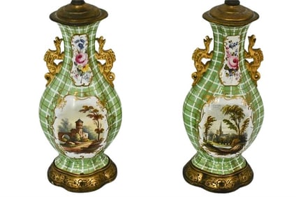 BHA563x Pair Plaid Green and Painted Scenic Landscape Antique Ceramic Lamps