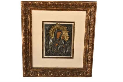 BHA876 Antique Silver Relief Icon- Our Lady of Smolensk- Silver Gilt and Wood
