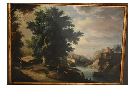 BHA874 Antique Oil on Canvas Expansive Landscape with Figures