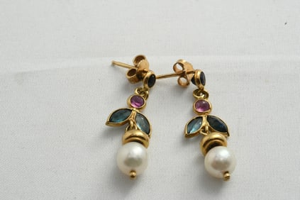 GXG284 Pair 18K Pearl Ruby Sapphire Pendant Earrings