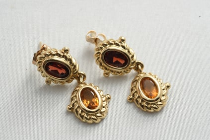 GXG282 Pair 14K Double Oval Pendant Ruby and Citrine Earrings