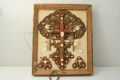 GXG196 Framed Textile, Heavily Embroidered Gold Thread, Pearl, Coral and Metal Patches with Cross