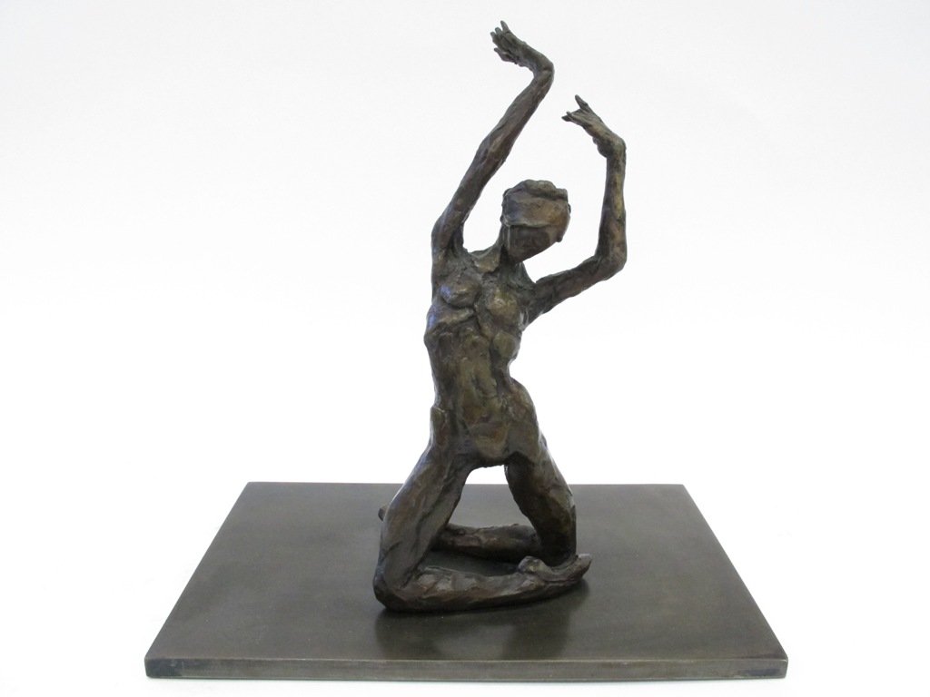 AL FARROW (AMERICAN, B. 1943): Bronze figure of a ballerina on her knees with legs crossed and arms held above her head. Signed at the side of base "Al Farrow 1983 1/3". Figure measures 11.5"H. Base measures 7" X 11.75".