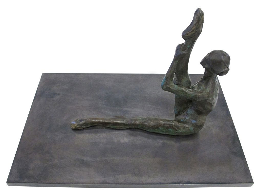 AL FARROW (AMERICAN, B. 1943): A bronze figure of a seated ballerina with one leg horizontal to ground, one leg supported vertically. Signed on side of base "Al Farrow 1983 A/P". Figure measures 8.5"H. Base measures 15" X 10".