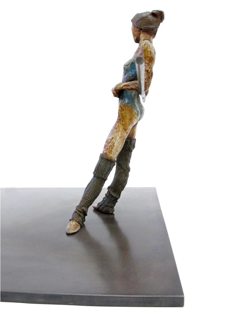 AL FARROW (AMERICAN, B. 1943): Bronze sculpture in multiple patinas depicting a ballerina leaning against a balance bar. Signed at side of steel base, "Al Farrow A/P 1980". Figures measures 11.25"H. Base measures 14.75" X 14.75".