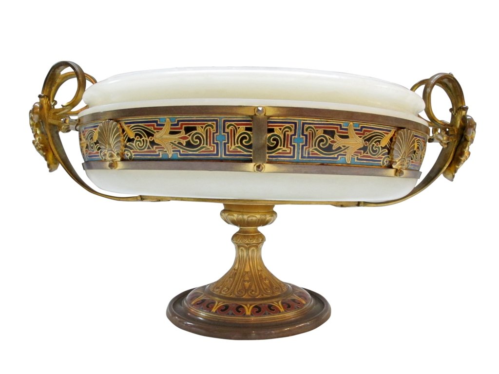ANTIQUE DORE BRONZE & ONYX ENAMELED COMPOTE: 19th century. Fine antique French white onyx and bronze champleve compote with twin mask and snake form handles, and enameled design throughout. 7.75"H X 8.5" X 15"W