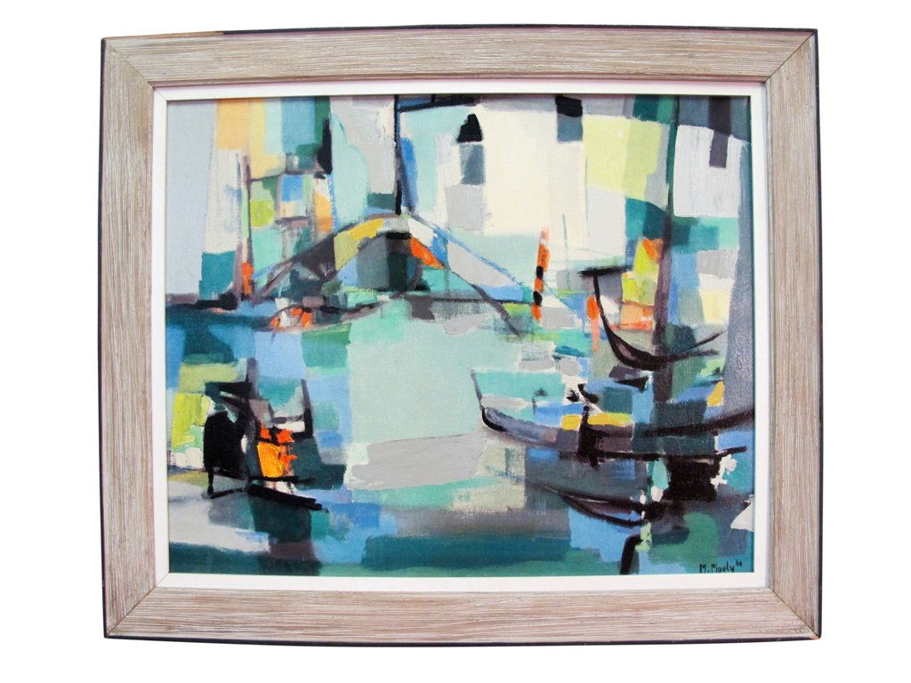 MARCEL MOULY (FRENCH, 1918-2008): Oil on canvas abstract painting depicting a Venetian scene of gondolas and a foot bridge. Signed and dated lower right "M. Mouly 60". 23"H X 27.5"W