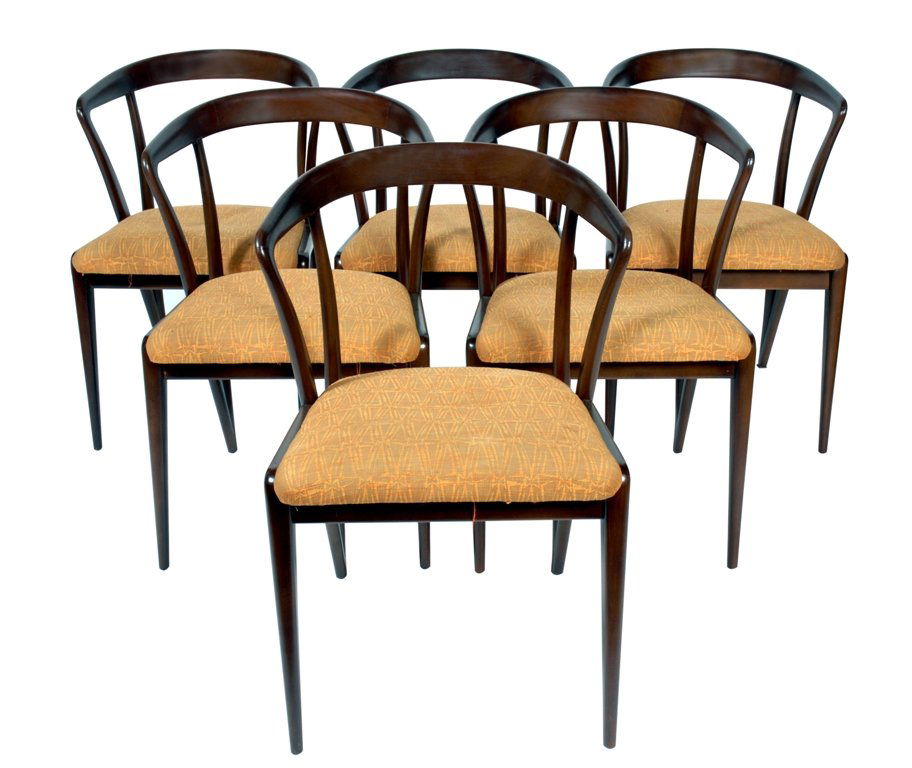 SET 6 BERTHA SCHAEFER ARM CHAIRS: Circa 1950. Designed by Bertha Schaefer (American, 1895-1971) for Singer & Sons. Six beautifully molded walnut chairs, with seats covered in possibly Gio Ponti fabric.