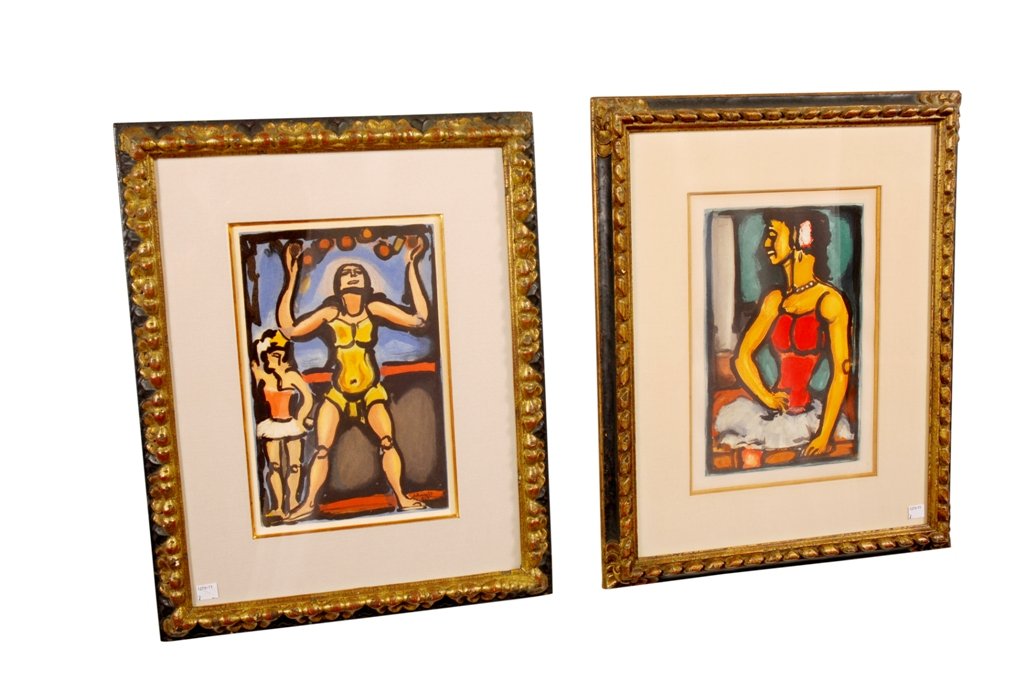 GEORGES ROUAULT (FRENCH, 1871-1958): Two color lithographs. One depicting a juggler, signed G. Rouault 1934 lower right. The other depicting a ballerina, signed GR 1934 lower left. Framed under glass. 12"H X 8"W, image sizes.
