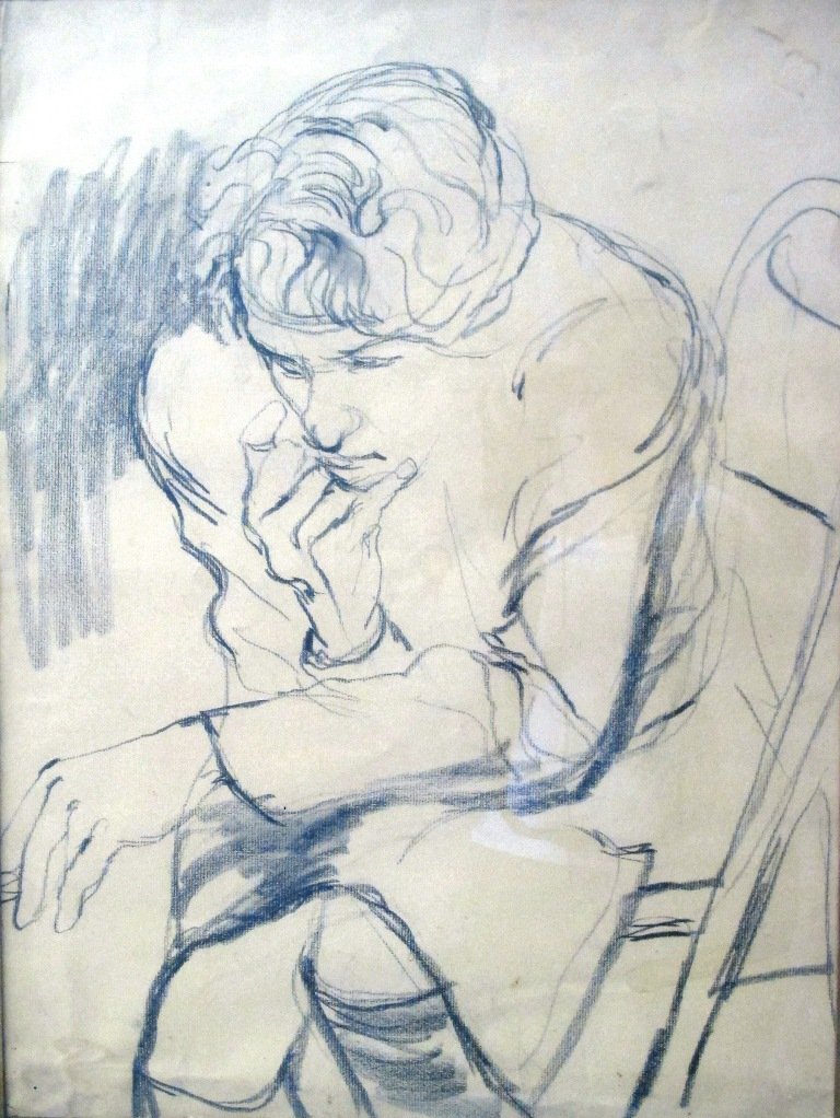 PHILIP GUSTON (AMERICAN, 1913-1980):: 1957. Charcoal on paper figure study of Fran Adhers, NYU student, Fall of 1957. Framed, matted, and housed under glass. Good condition, with small tear to upper left edge of paper. 23"H X 17"W, sight.