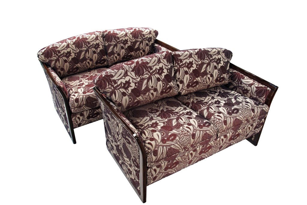 PAIR FRENCH ART DECO SETTEES: Each upholstered in French Ruhlmann style fabric of highly patterned dark purple exotic flowers against a silver grey ground. The wood frames in high gloss palisander veneer. Note: Small scratches to