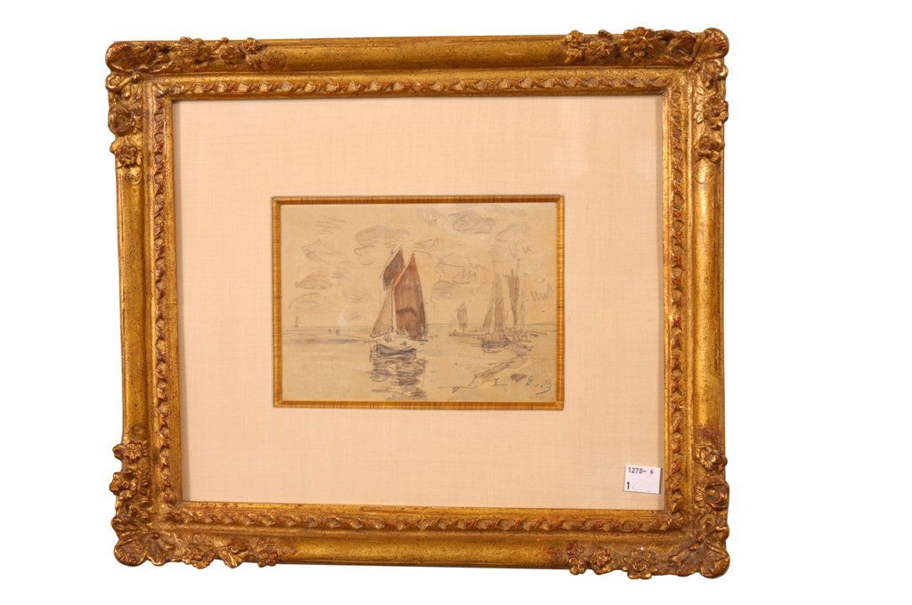 EUGÈNE BOUDIN (FRENCH, 1824-1898): Watercolor and black crayon on paper depicting sail boats near a shore. Signed with initials E.B. lower right. "Galerie J. Le Chapelin, Paris" label to verso. Good condition. Framed, matted and housed