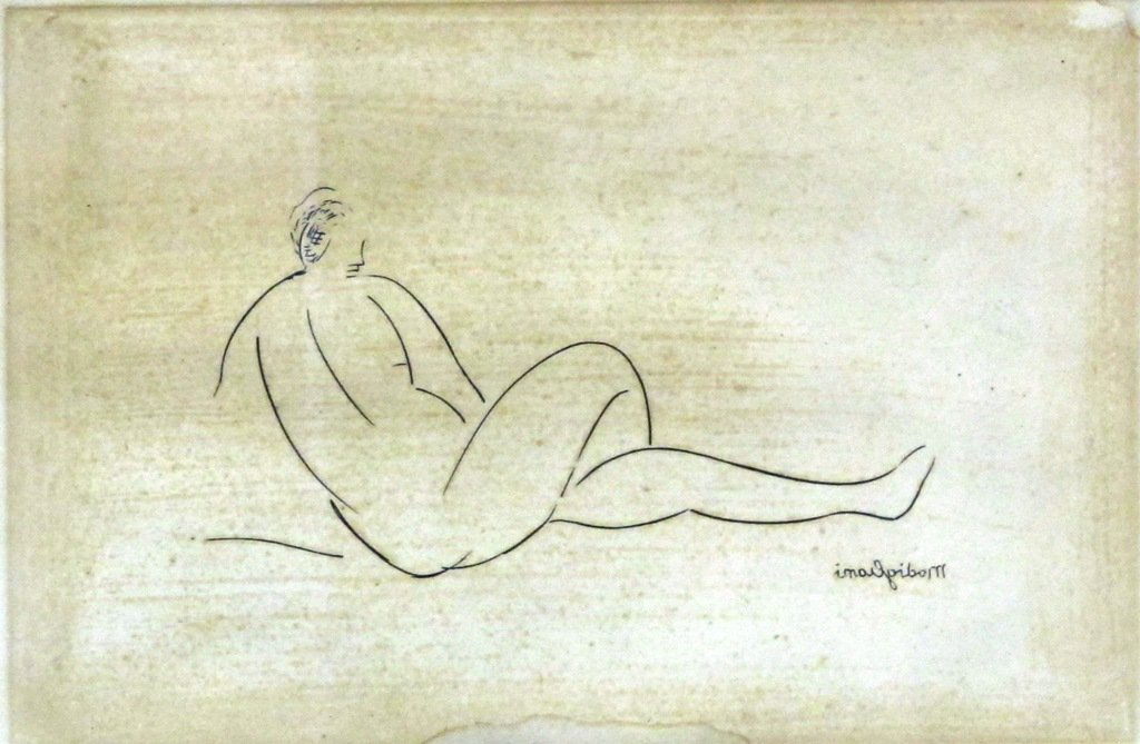 AMEDEO MODIGLIANI (ITALIAN, 1884-1920): An etching of a reclining nude, "Nue de Dos". Signed lower right, in plate in reverse, "Modigliani". Some moisture stains. Framed under glass. 5"H X 6.75"W, sight.