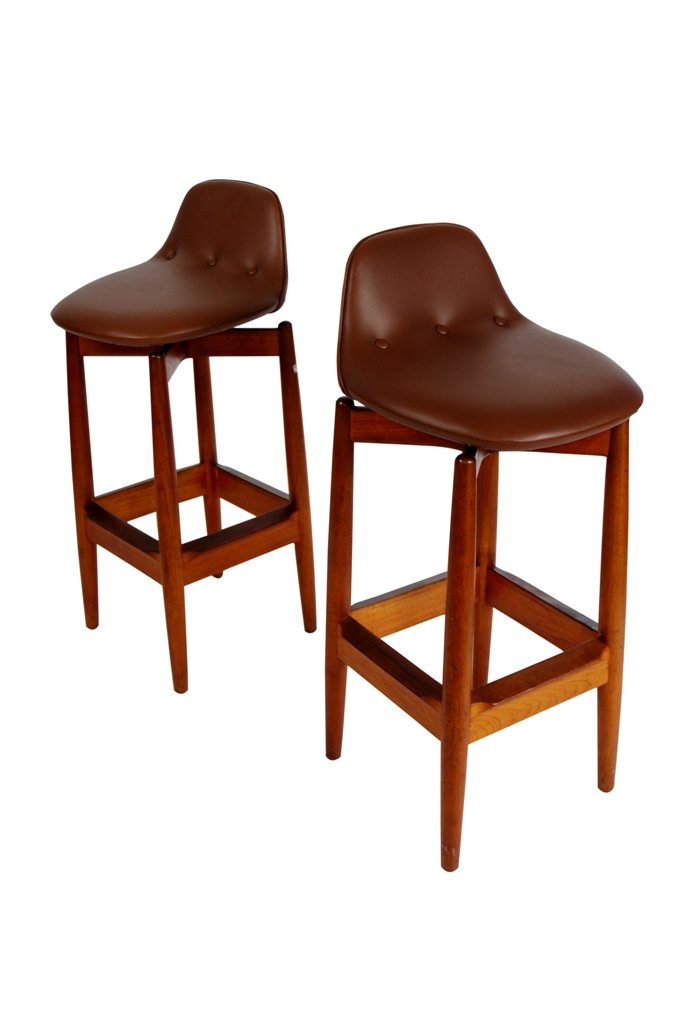 PR GEORGE TANIER DANISH MID CENTURY MODERN STOOLS: Teak wood framed stools with brown vinyl upholstered swivel seats. Excellent condition. 37"H