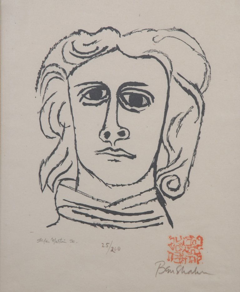 BEN SHAHN (AMERICAN, 1898-1969): Wood block engraving by Stefan Martin (American, 1936-1944) after a drawing by Ben Shahn depicting a portrait of a man in black. Red artist's mark above artist's signature. Pencil inscribed lower left