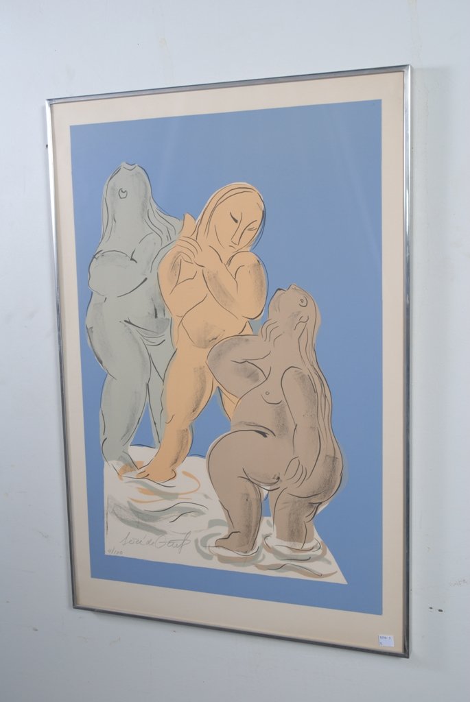 JOSE DE CREEFT (AMERICAN, 1884-1982):: Color lithograph depicting three figures against a blue background. Pencil signed and numbered lower left, Jose de Creeft, 4/100. Very good condition. Framed and under glass. 32"H X 21"W