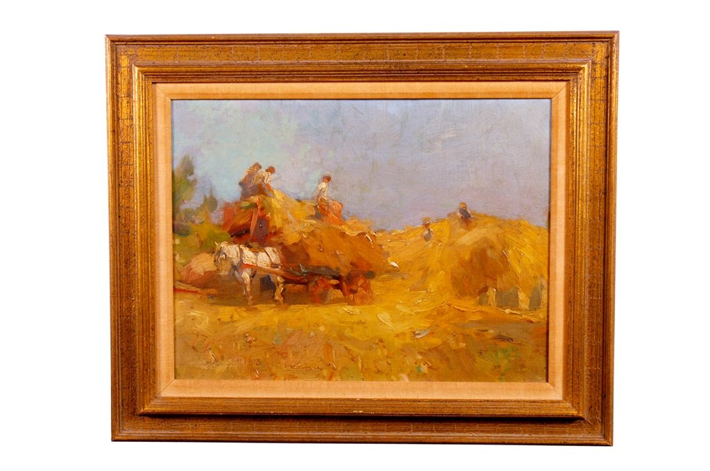 1903 HAY CART OIL PAINTING:: Oil on canvas painting depicting figures and a horse drawn cart in a hay field. Signed indistinctly lower left, and dated 1903. Very good condition. 15.5"H X 20.5"W, sight