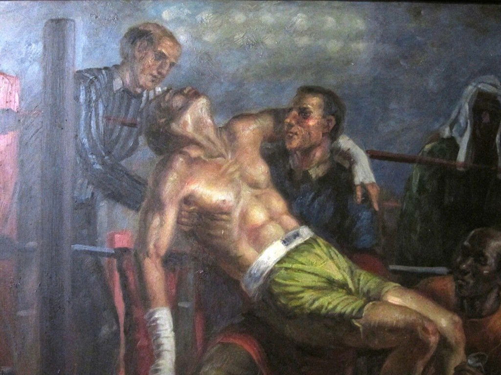 2 LARGE BOXING OIL PAINTINGS SIGNED HOMER: 20th century. Two large oil on canvas paintings reminiscent of George Bellows, depicting dramatic boxing scenes. Both signed "Homer" lower right. 36"H X 48"W, sight.