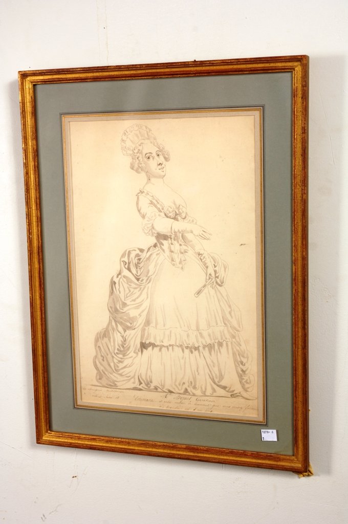 ANTIQUE FRENCH PEN & INK WASH DRAWING: Pen and ink wash on paper depicting 17th century French actress, Mademoiselle Geneviève Béjart, with French inscriptions below. Frame and under glass. 16"H X 10.5"W, sight.