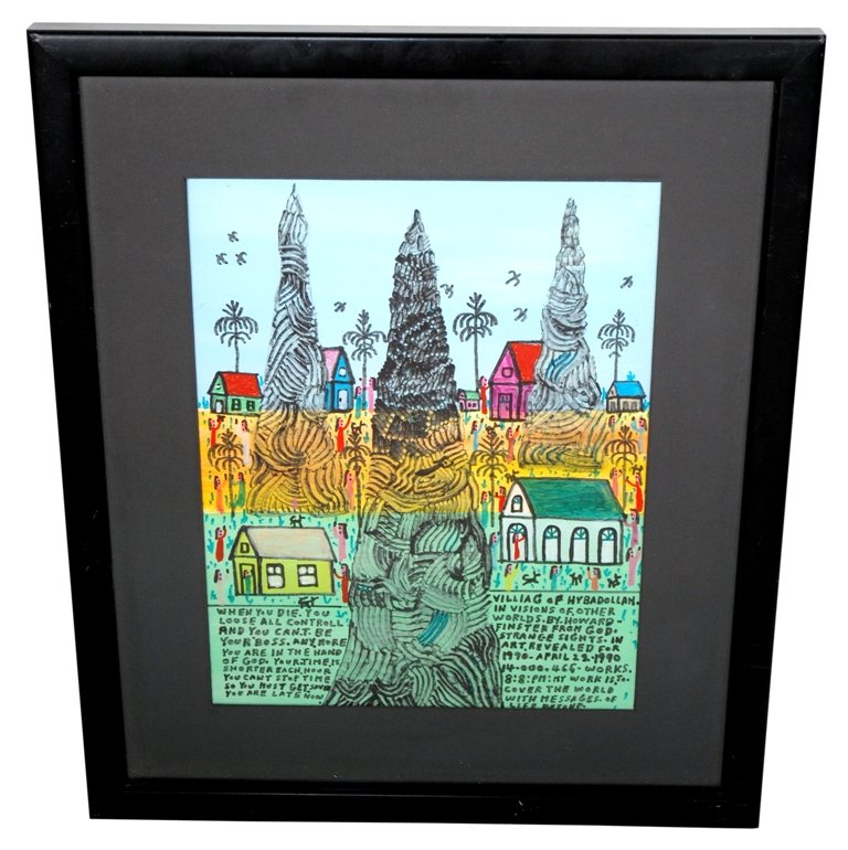 HOWARD FINSTER (GEORGIA, USA, 1916-2001):: Original folk art by Georgia artist and Baptist minister, Howard Finster. Colored markers on cardstock. "Villiag of Hybadollah. In visions of other worlds". 11"H X 14"W, sight. Framed to 17.25"H X 20.