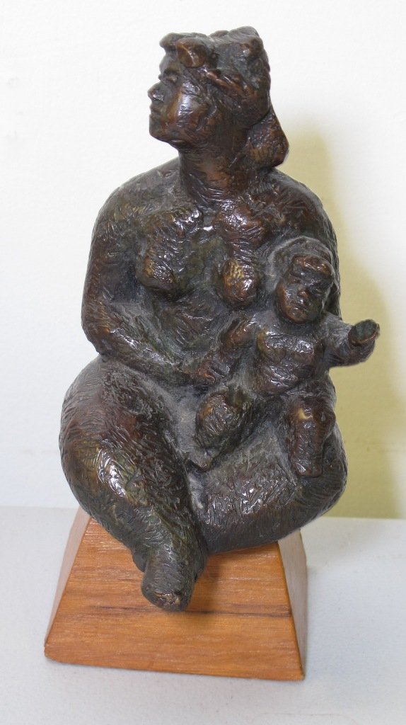 CHAIM GROSS (AUSTRIAN/AMERICAN, 1904-1991):: Bronze figure of a seated mother and child. Signed in bronze, "Chaim Gross" and numbered 21/47. Bronze measures 6.5"H, on wooden base 8.5"H.