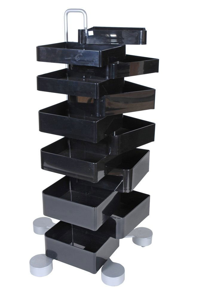 SPINNY CABINET BY JOE COLOMBO STUDIO: Made in Italy by B-Line. Comprised of 12 ABS black plastic drawers of varying depths that rotate around a central spine on the aluminum frame. 49.5"H
