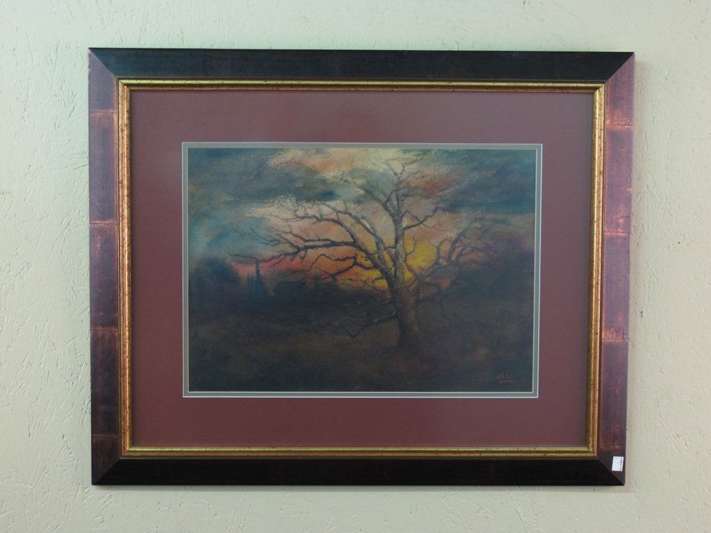 HENRY HAMMOND AHL (AMERICAN, 1869-1953): Watercolor on paper depicting a tree with a sunset background. Matted, framed, and house under glass. Signed lower right "Ahl". 13.5"H X 19"W Provenance: A fine Lake Worth, FL residence