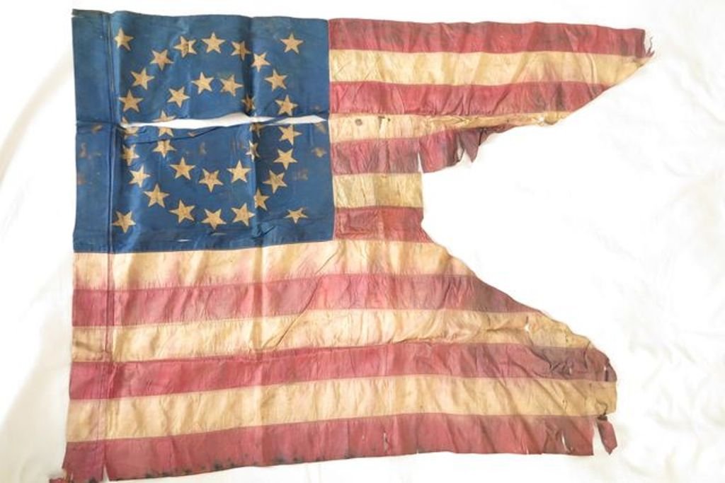 THIRTY-FIVE STAR GUIDON BATTLE FLAG, COMPANY "F":: Thirty-five stars in a double wreath medallion, a forked swallowtail guidon battle flag of the Seventh Pennsylvania, witness to almost every campaign of Company F, from June 1862 to November 1864, inc