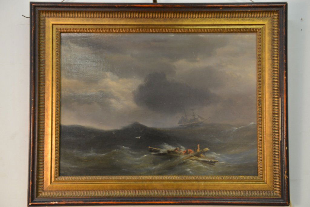 PIETER HENDRICK THOMAS (DUTCH, 1814-1866):: Stormy Sea with Survivors, Oil on Panel. The verso with label in Dutch attributing the work to Thomas. The image depicting three men holding on to the remains of a raft while gesturing for help from a