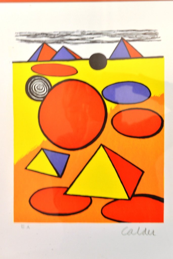 ALEXANDER CALDER (AMERICAN, 1889-1976):: From the Series La Memoire Elementaire, 1976. Color Lithograph, artist’s proof, signed in pencil Calder (lower right) and initialed E.A. (lower left). Image measures 17" X 12", frame measures 24.75"