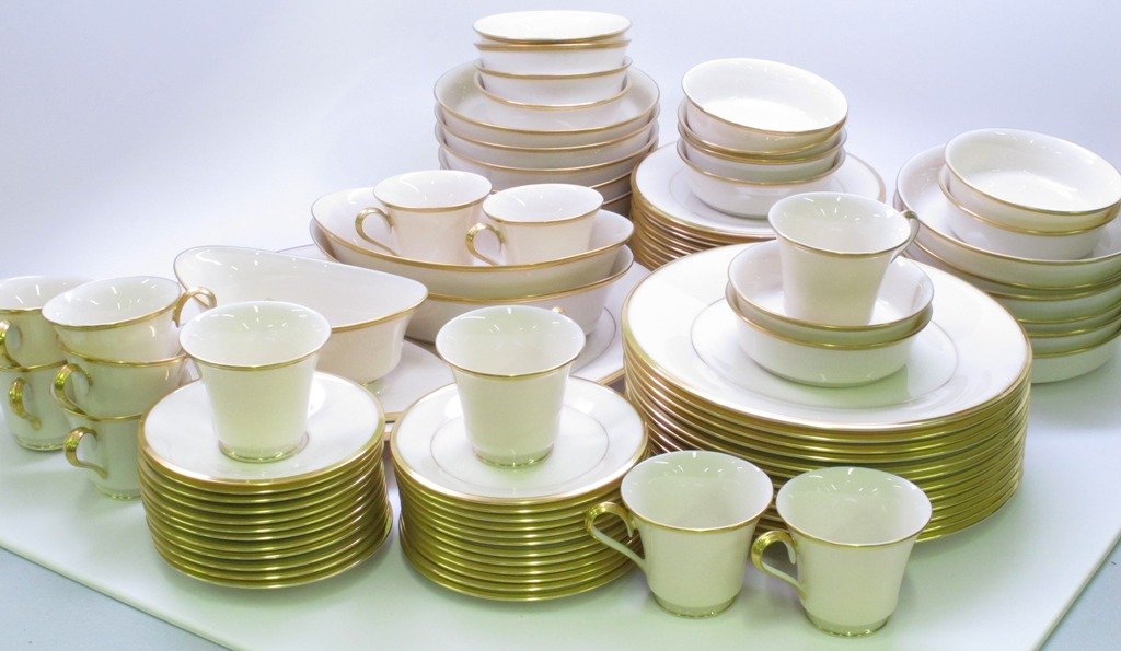 PARTIAL LENOX ETERNAL PORCELAIN DINNER SERVICE:: A Lenox Partial Porcelain Dinner Service, in the Eternal pattern, comprising 12 dinner plates, 12 saucers, 12 tea cups, 3 serving dishes, 24 dessert plates, 1 meat platter, 12 soup bowls and 12 bouill