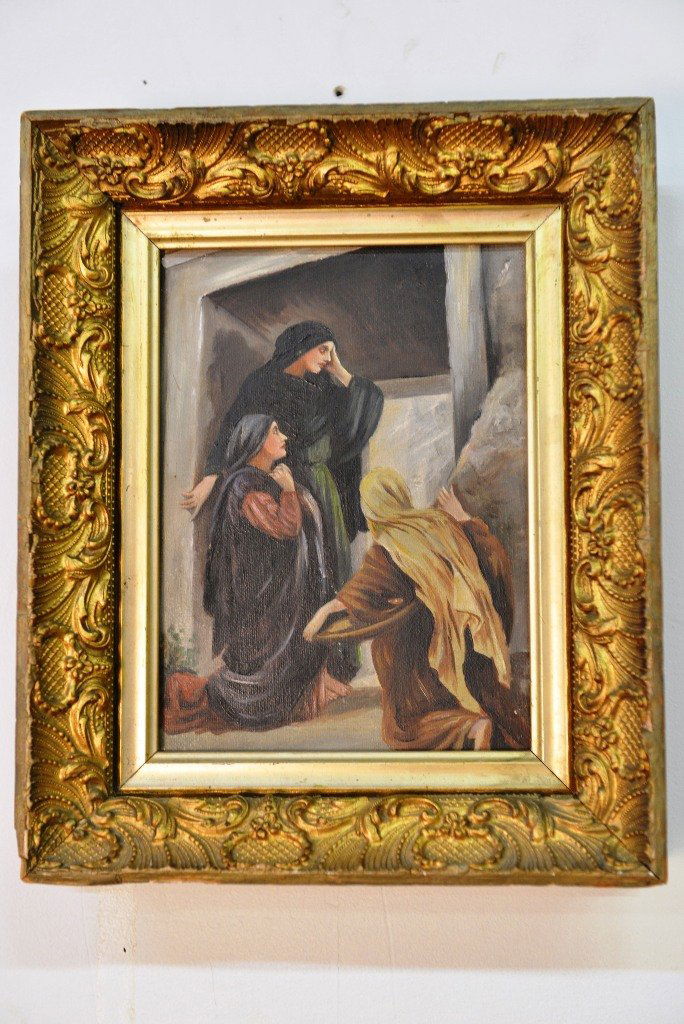 19TH C. UNSIGNED CONTINENTAL SCHOOL OIL ON CANVAS:: Continental School, Portrait of Three Women, Oil on Canvas. 19th century, depicting three robed women presumably grieving over an unseen act, situated in a period gesso frame. Overall average stable c