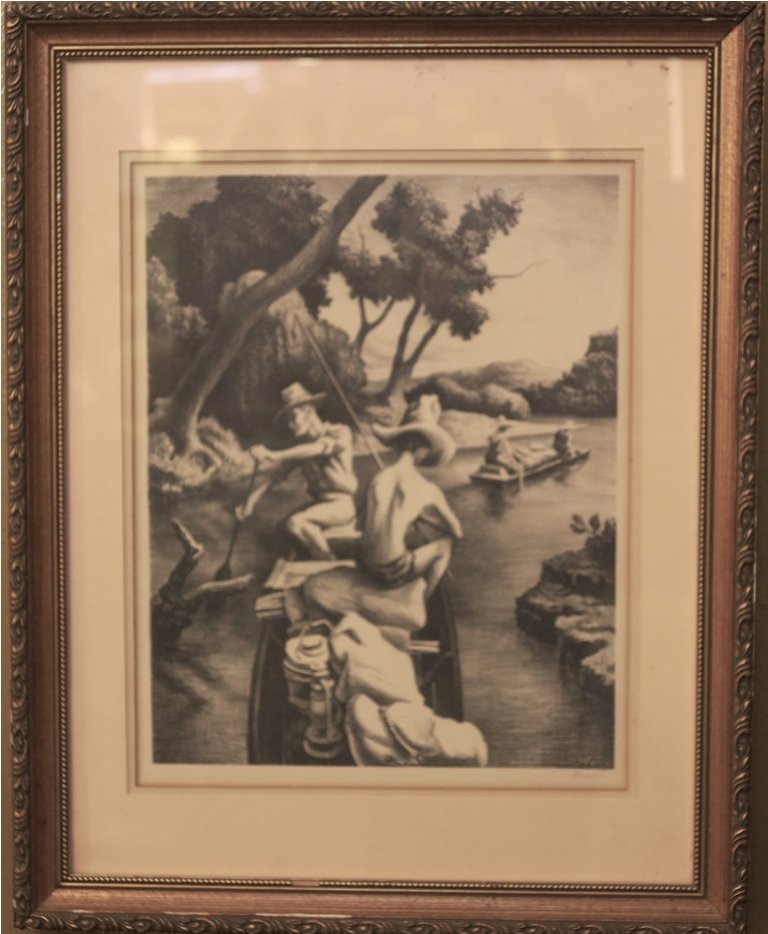 BENTON, THOMAS HART (1889-1975, American): Limited Edition lithograph. Titled: "Down the River", 1939. Signed lower right in pencil. Measures: Provenance: American Association of Artists.