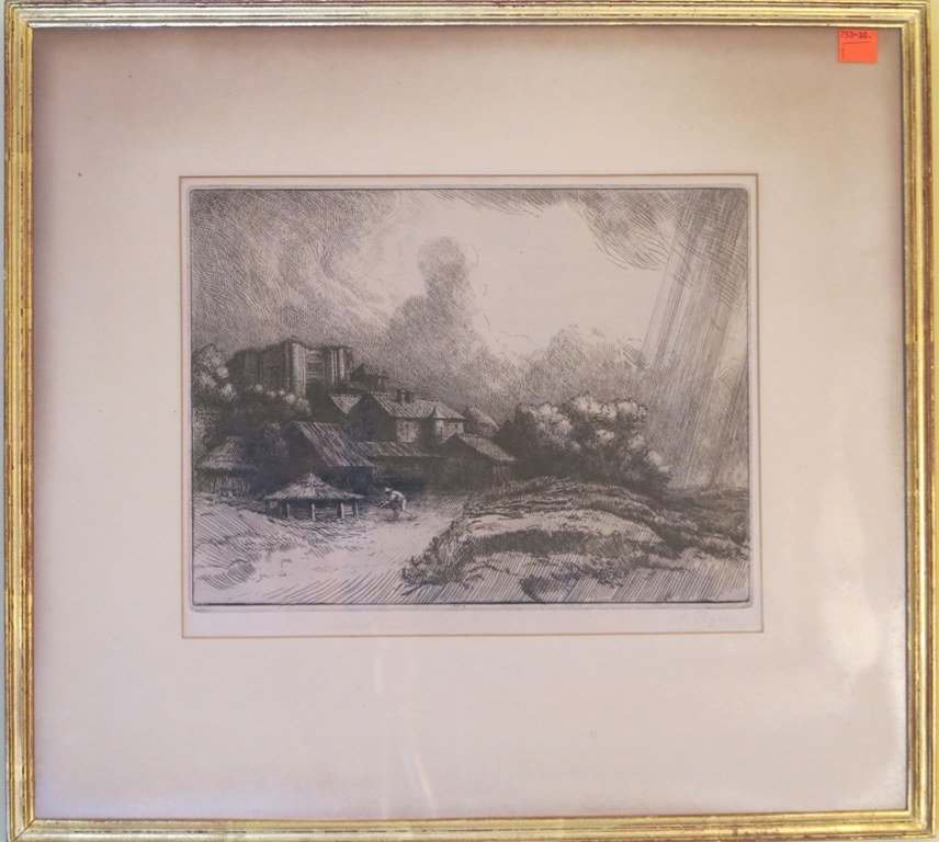 LEGROS, ALPHONSE (1837-1911, French):: Black and white etching in paper. Depicting a fortress village landscape with figure and stormy skies. Signed lower right in pencil A. Legros. Custom matted and framed. The plate measures: 8½"H x 11"
