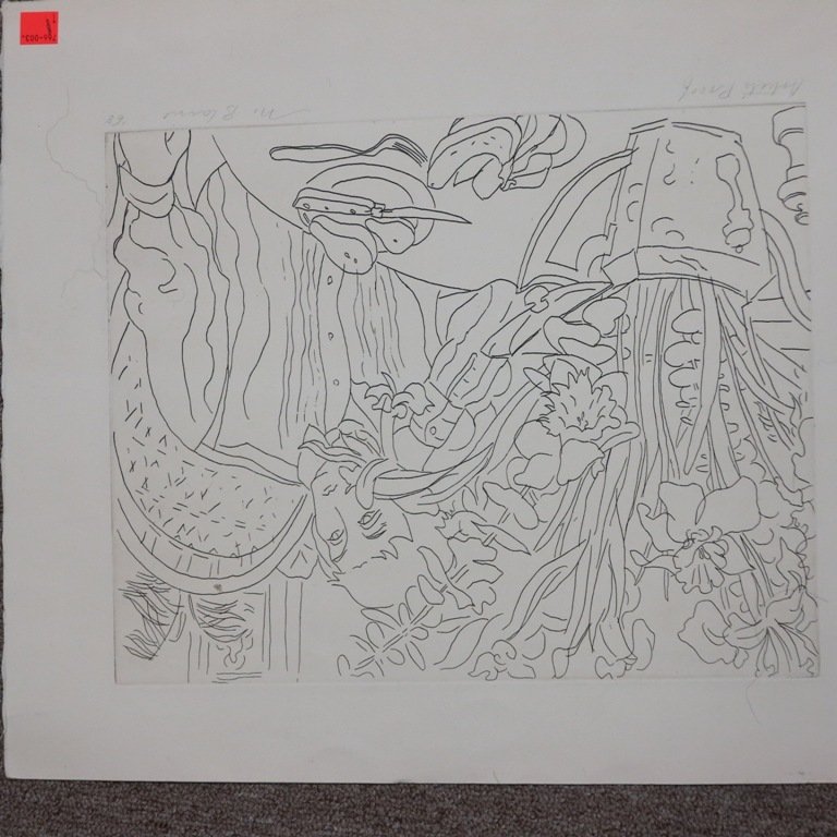 BLAINE, NELL BLAIR WALDEN (1922-1996, American): An unframed etching on cream wove paper depicting a figure seated at a table with a plate of pears and floral still life. Signed lower rigne in pencil N. Blaine and dated '68., Artist Proof. The plate