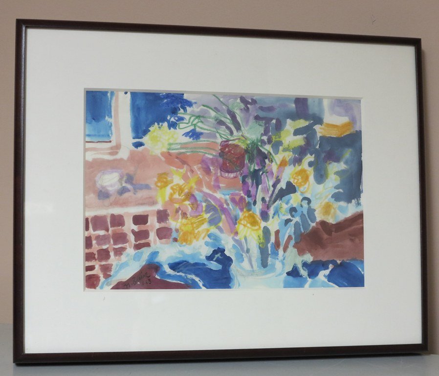 BLAINE, NELL BLAIR WALDEN (1922-1996, American): Watercolor on paper. Deoicting a multicolored floral still life. Signed lower left N. blaine and dated '63. Custom matted and framed. Measures: 9" H x 13" L.
